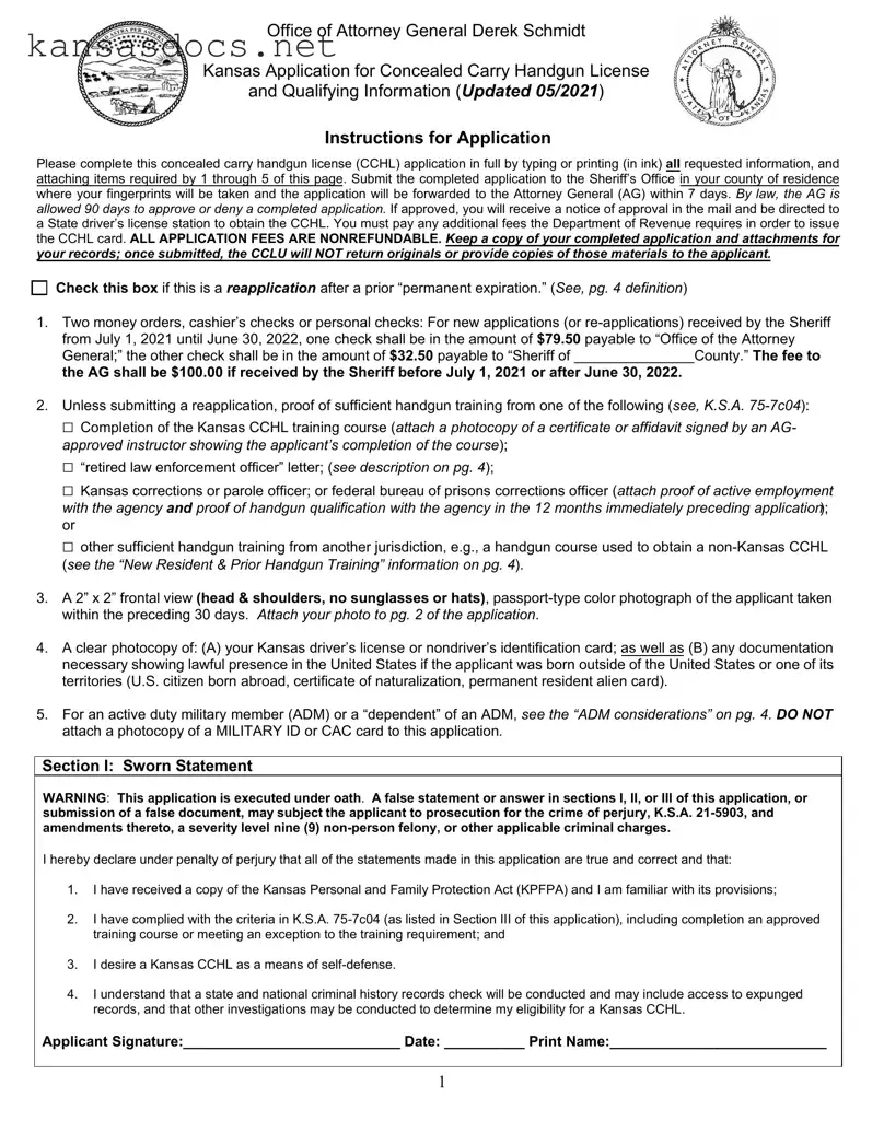 Official Kansas Application Concealed Carry Form in PDF