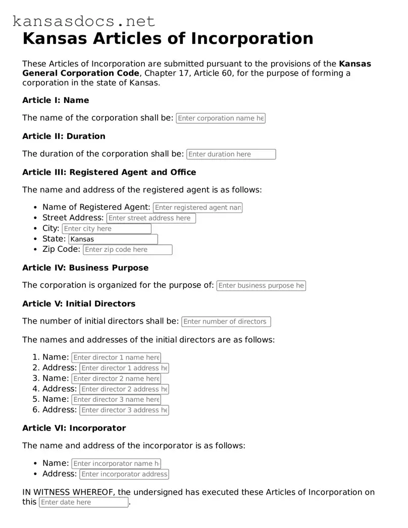 Printable Kansas Articles of Incorporation Template