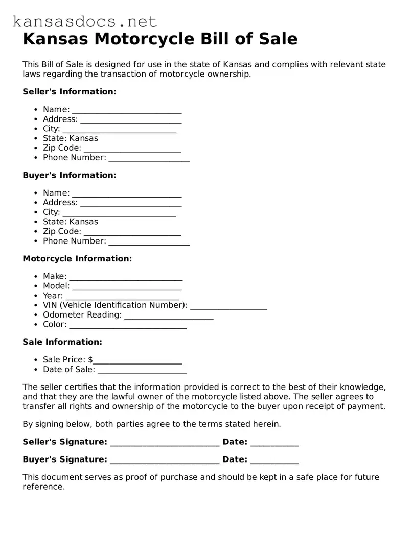 Printable Kansas Motorcycle Bill of Sale Template