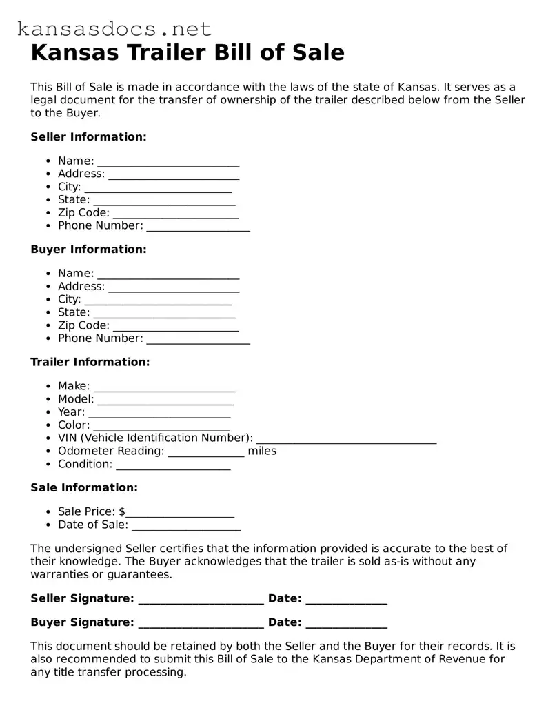 Printable Kansas Trailer Bill of Sale Template