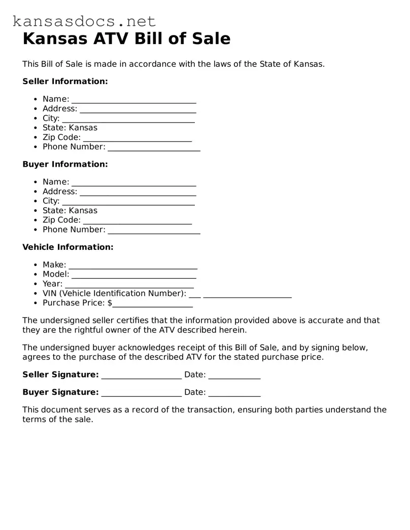 Printable Kansas ATV Bill of Sale Template