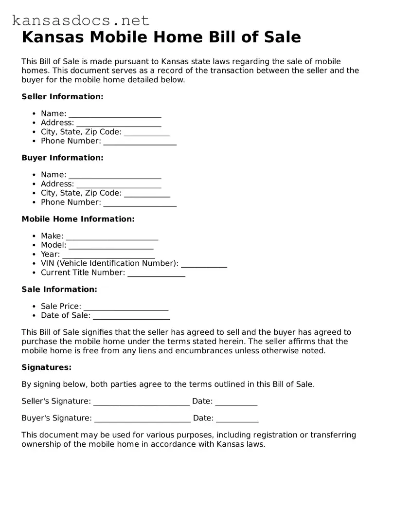 Printable Kansas Mobile Home Bill of Sale Template