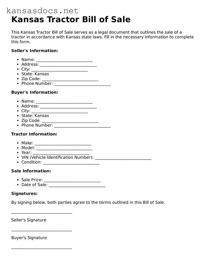 Printable Kansas Tractor Bill of Sale Template