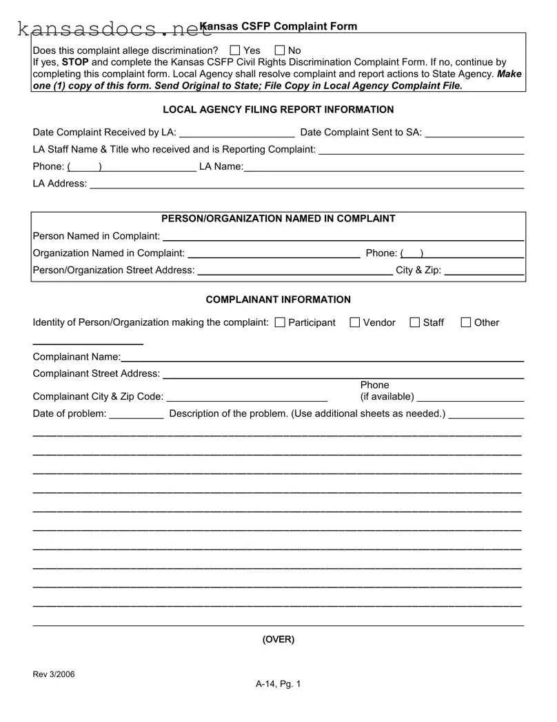 Official Kansas Csfp Complaint Form in PDF