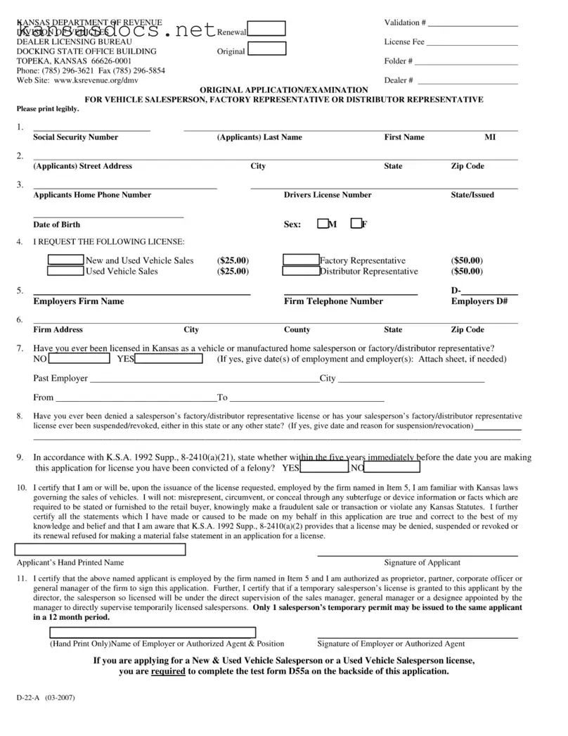 Official Kansas D 22A Form in PDF