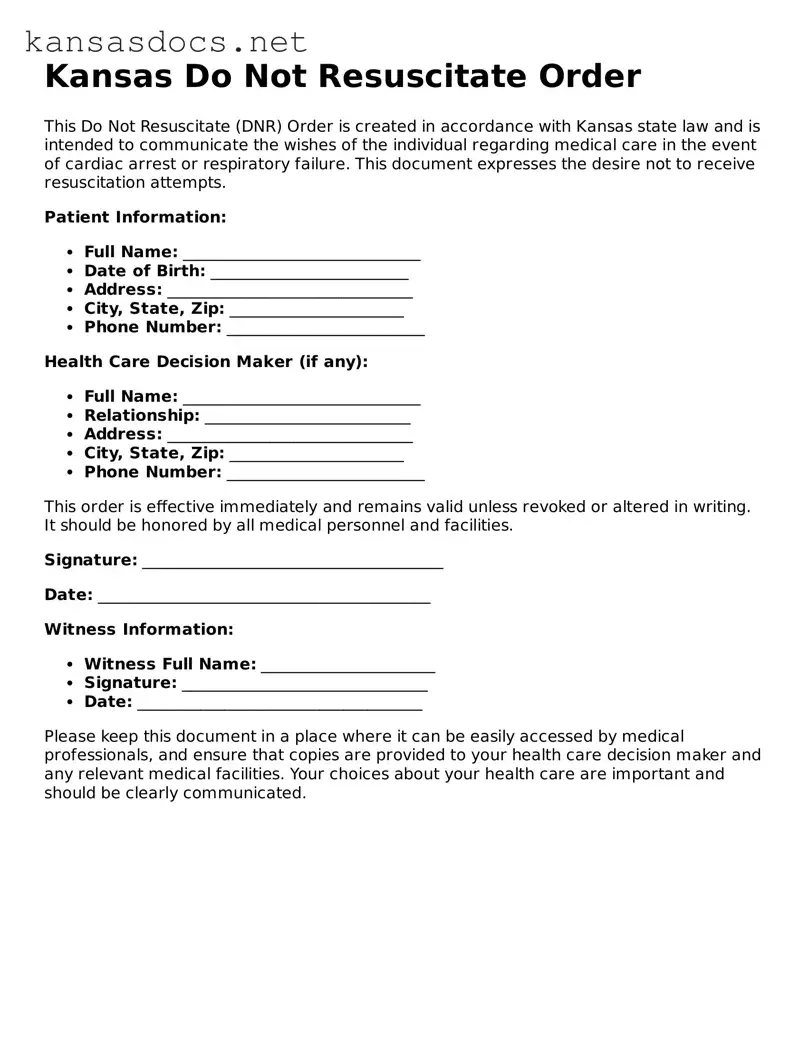 Printable Kansas Do Not Resuscitate Order Template
