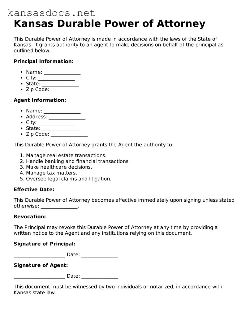Printable Kansas Durable Power of Attorney Template