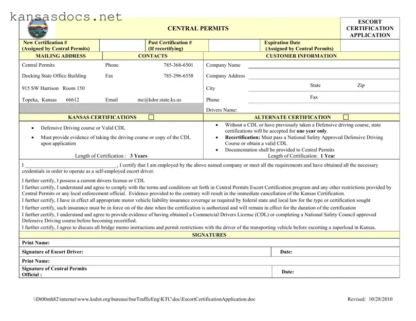Official Kansas Escort Certification Form in PDF