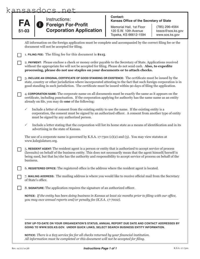 Official Kansas Fa 51 03 Form in PDF