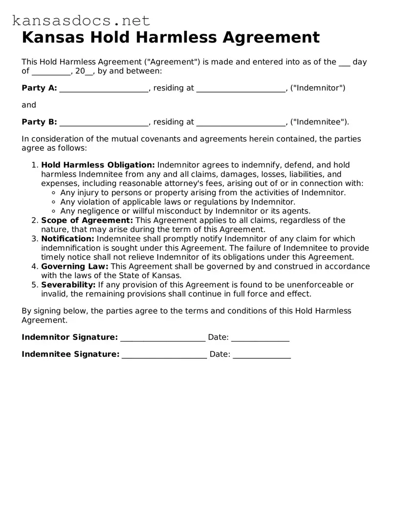 Printable Kansas Hold Harmless Agreement Template