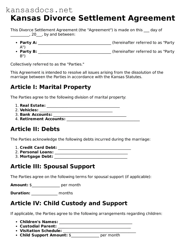 Printable Kansas Divorce Settlement Agreement Template