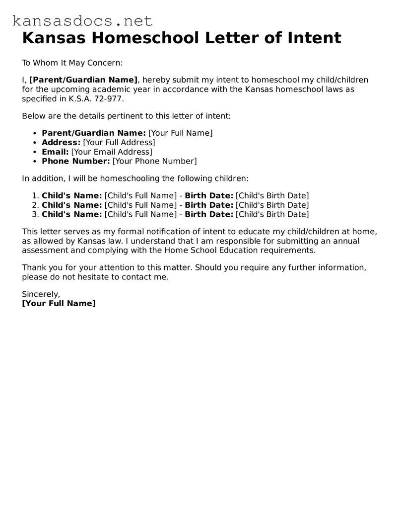 Printable Kansas Homeschool Letter of Intent Template