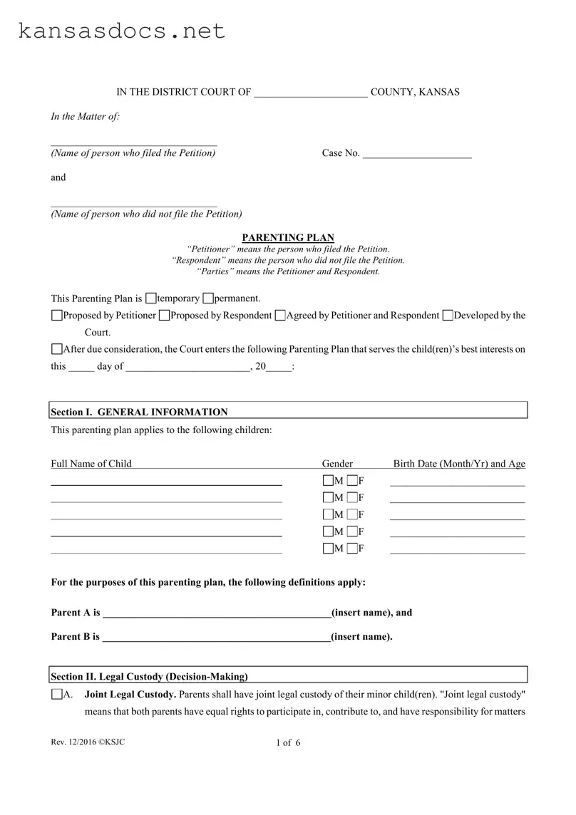 Official Kansas Parenting Plan Form in PDF