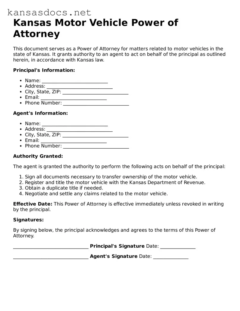 Printable Kansas Motor Vehicle Power of Attorney Template