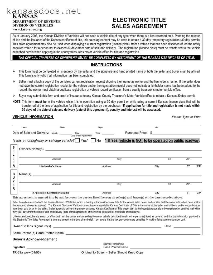 Official Kansas Tr 39A Form in PDF