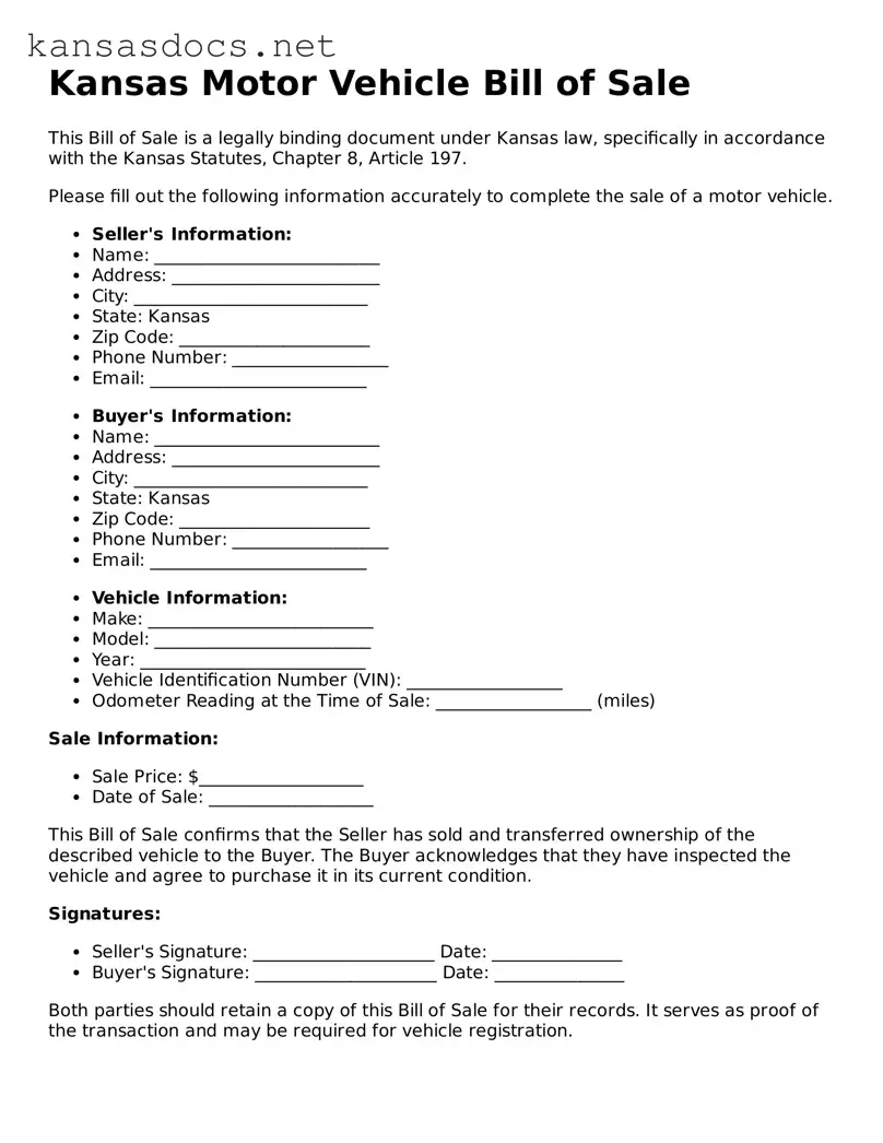 Printable Kansas Motor Vehicle Bill of Sale Template