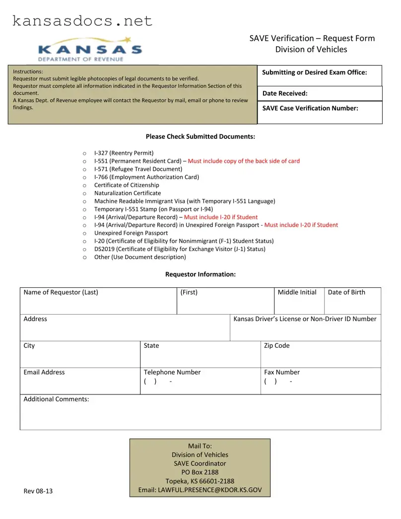 Official Save Verification Kansas Form in PDF