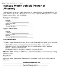 Printable Kansas Motor Vehicle Power of Attorney Template